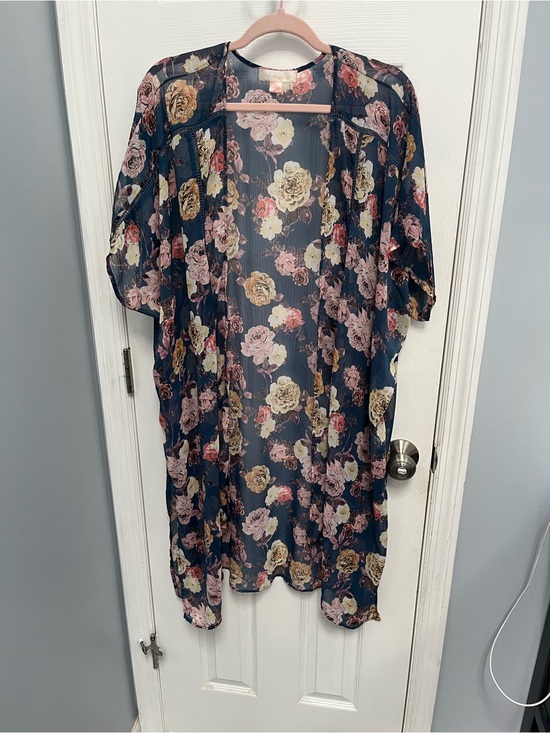 Tops - Floral Kimono Duster Blue Sheer Open Front Cover Band of Gypsies XS/S oversized
